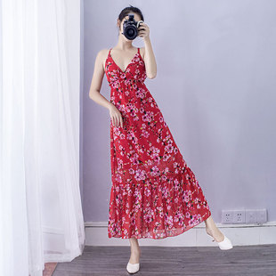 闭店清仓印花雪纺碎花高腰吊带荷叶边红色鱼尾长裙沙滩裙连衣裙