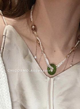 原创复古风绿琉璃几何吊坠珍珠金链项链2025年新品小众设计颈链女