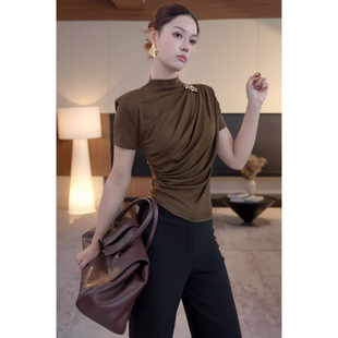 褶皱设计圆领女装 DENGDAHA {倒叙} 休闲简约上衣T恤修身 X922 短袖