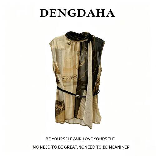 DENGDAHA{烟墨轻衫}印花日常穿搭慵懒风上衣立领系带扎染无袖F307