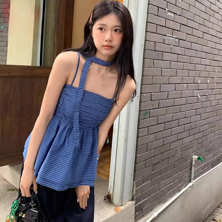 2025格子夏季抹胸新款韩系显瘦蓝色辣妹收腰吊带背心无袖上衣