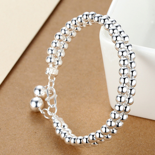 纯银手镯足银手镯双排佛珠手链民族风时尚 送女友送妈妈 百搭个性
