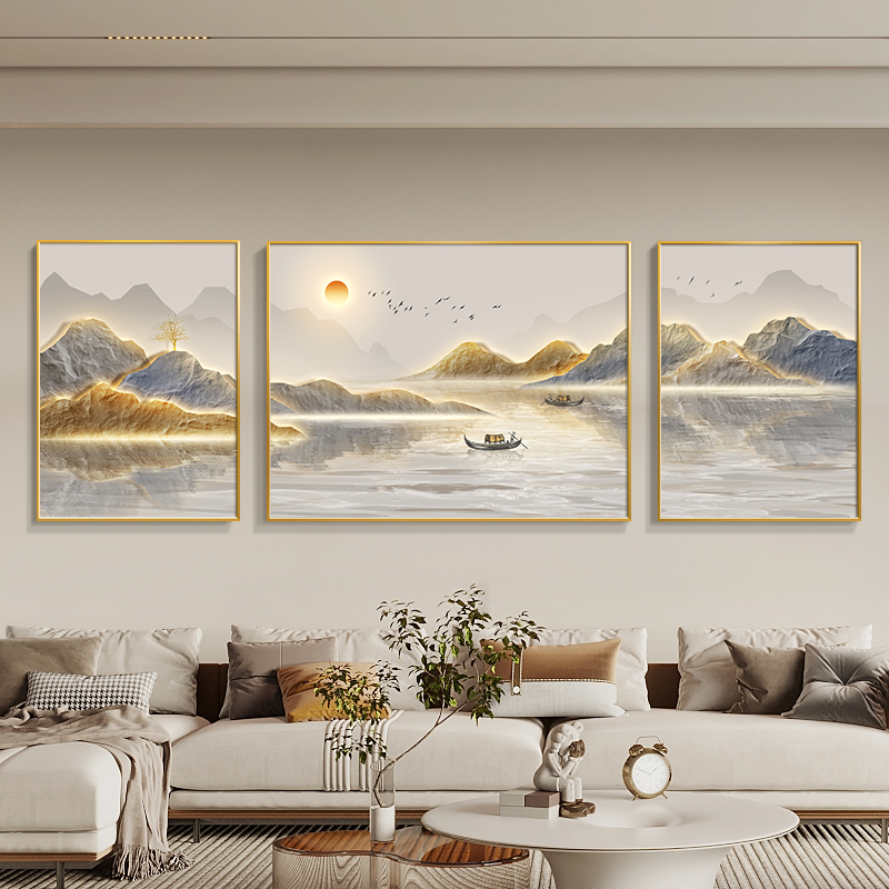 流水生财山水画现代轻奢客厅装饰挂画旭日东升大气沙发背景墙壁画