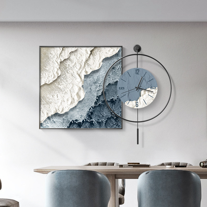 现代简约饭厅装饰画钟表创意抽象肌理挂画饭厅背景墙挂钟客厅壁画