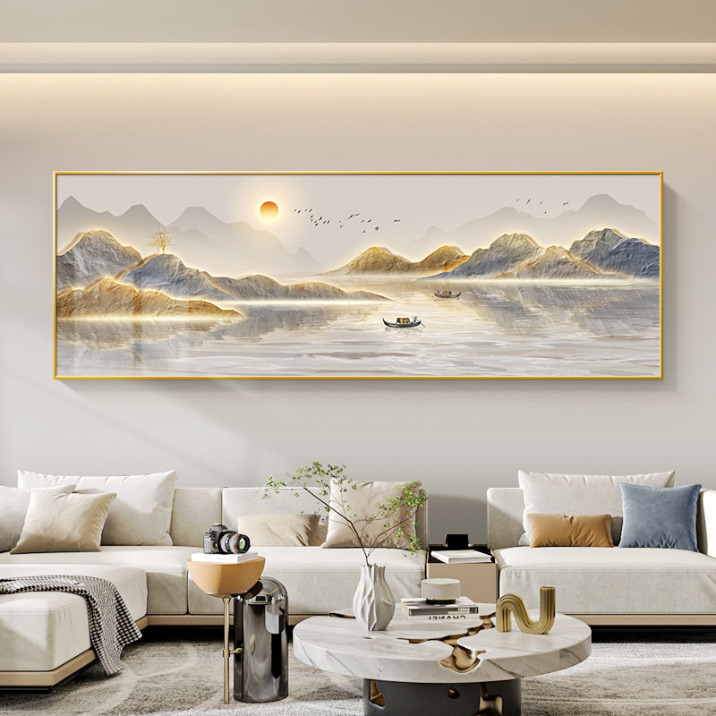 现代轻奢客厅装饰画 画横幅旭日东升壁画 画山水画 画寓意好沙发