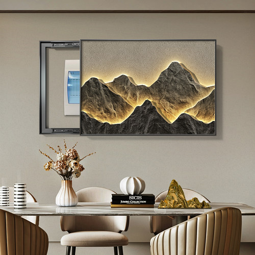 背有靠山电表箱装饰画 画高级感轻奢遮挡推拉式电闸箱配电箱遮丑