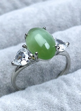 天然和田玉碧玉猫眼戒指 S925银镶老坑料碧玉蛋面 可调节活口设计