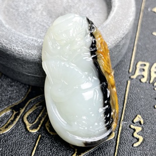 新疆和田玉三色钟馗挂件吊坠纯手工雕刻皮肉分明 特色收藏小精品