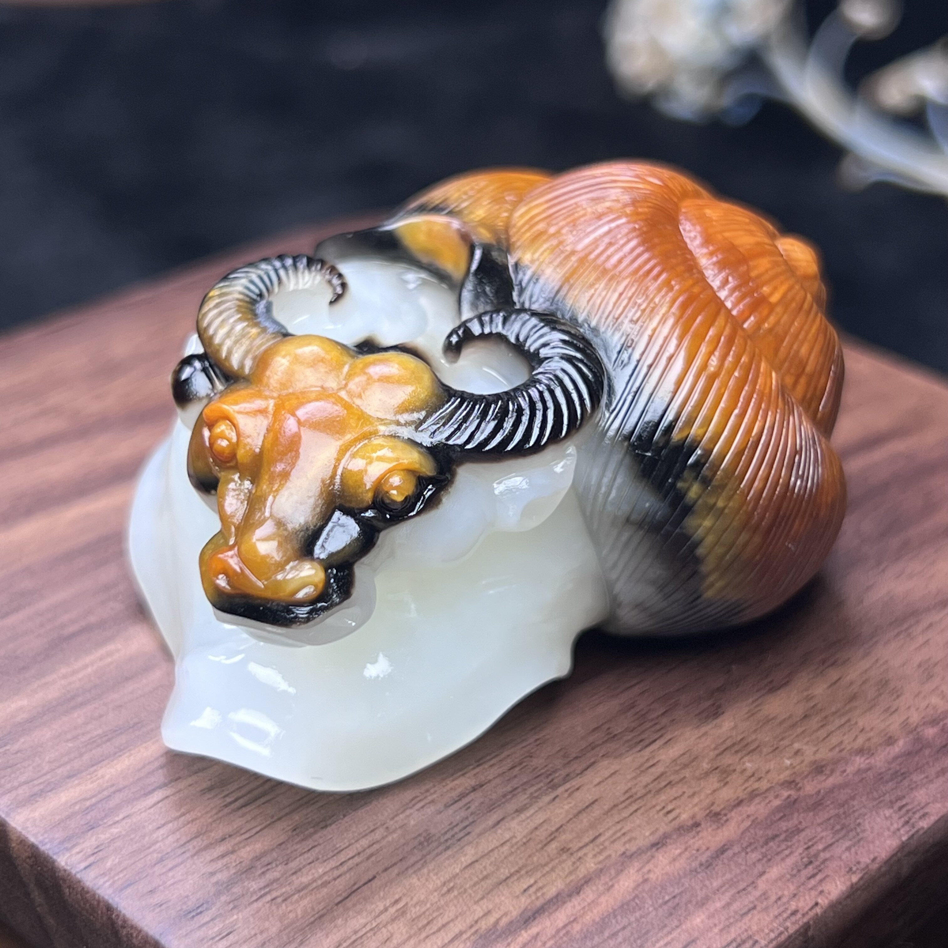 孤品【和田玉·蜗牛】名家设计聚皮三色高品手把独籽大开门羊脂白