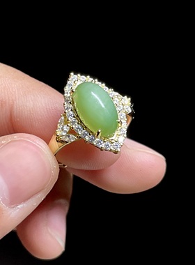 纯天然俄罗斯和田玉碧玉戒指 S925银镀金满圈镶钻设计 活口可调节