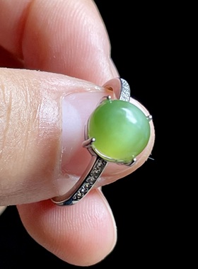 猫眼和田玉碧玉开口戒 天然苹果绿无矿点 S925银镶简约设计款指戒