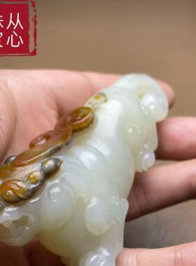 天然俄籽料三色手工精工羊脂玉貔貅手把件