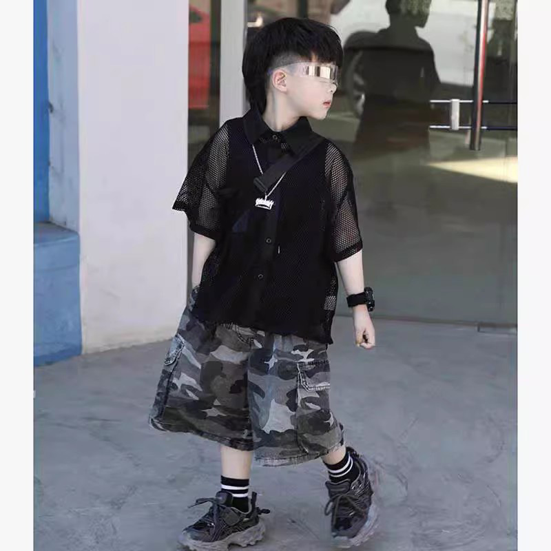 男童夏装套装2025新款帅气时髦潮儿童背心衬衫男宝宝迷彩短裤潮酷