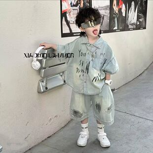 男童夏套装2026新款韩版儿童夏季短袖衬衫宝宝牛仔短裤两件套潮酷