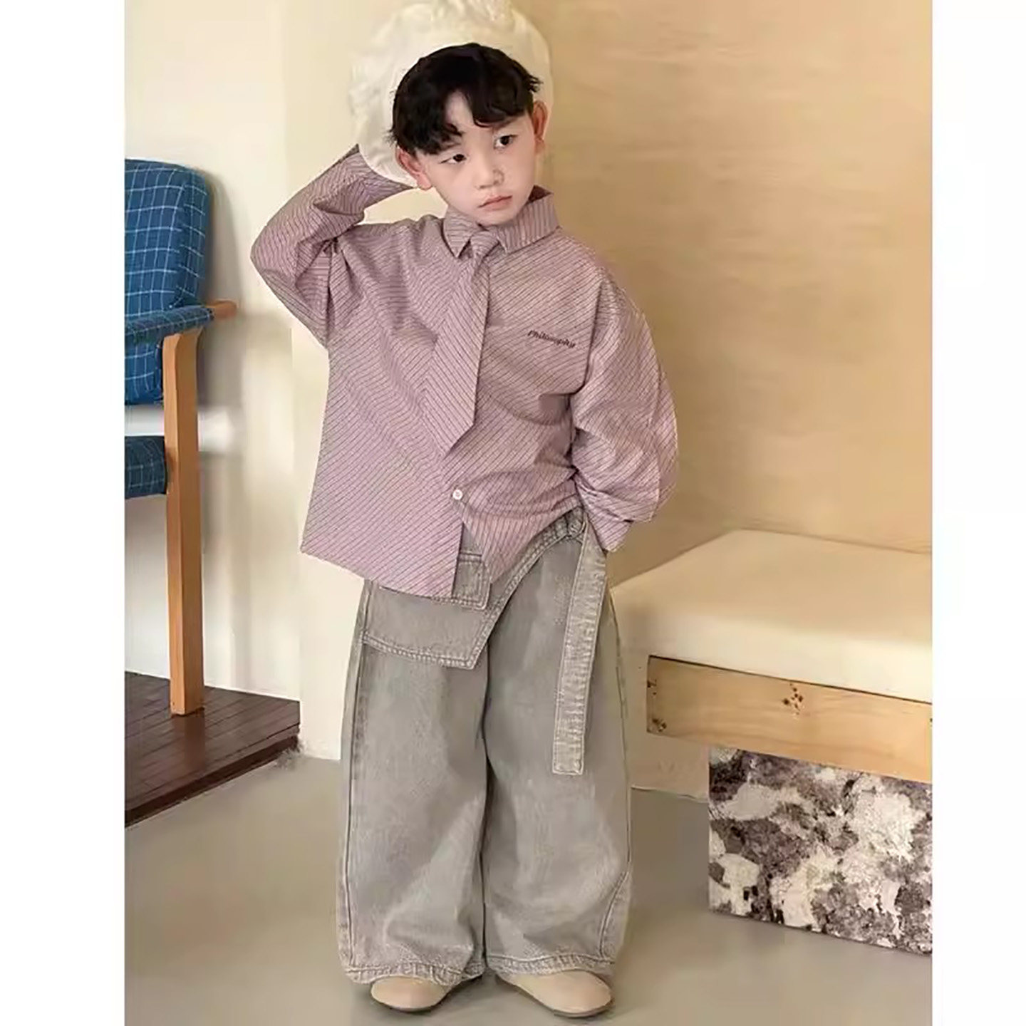 男童春装套装2026新款儿童条纹长袖衬衫宝宝韩版牛仔裤两件套潮酷