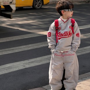 男童春秋套装2026新款儿童美式复古字母工装上衣男孩春装两件套潮