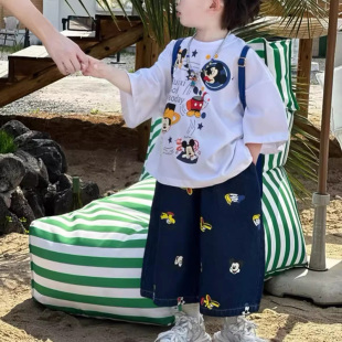 男童夏装套装2026新款儿童迪士尼米奇短袖t恤男宝宝牛仔短裤潮酷
