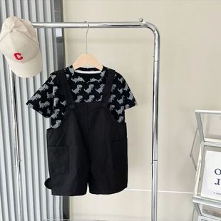 男女童卡通恐龙宝宝短袖 男童背带裤 新款 2023夏季 t恤两件套潮 套装