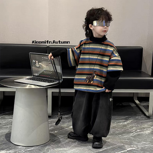 男童冬季加绒套装2026新款韩版儿童加厚条纹卫衣牛仔灯笼裤两件套