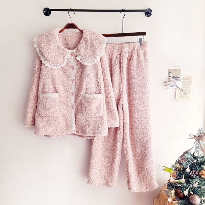 韩国代购季秋冬甜美公主可爱厚绒保暖长袖裤睡衣家居服套装女纯色