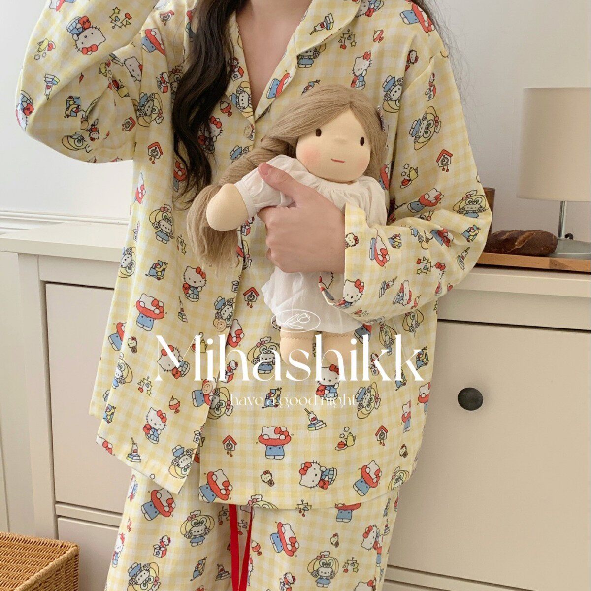 Mihashikk凯蒂猫睡衣女士春秋季纯棉磨毛格子长袖长裤家居服套装