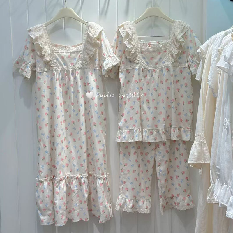 韩国原创品牌夏季碎花甜美公主方领短袖长裤睡衣家居服套装女睡裙