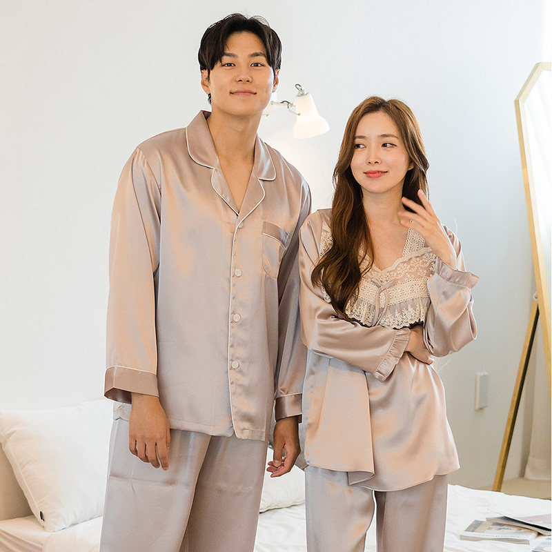 韩国情侣男女丝绸秋纯色睡衣睡裙