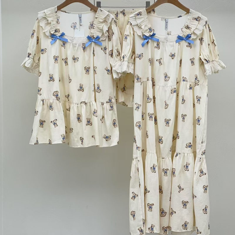 韩国LUNALUZ睡衣女情侣男女夏季甜美小熊方领家居短袖裤套装睡裙