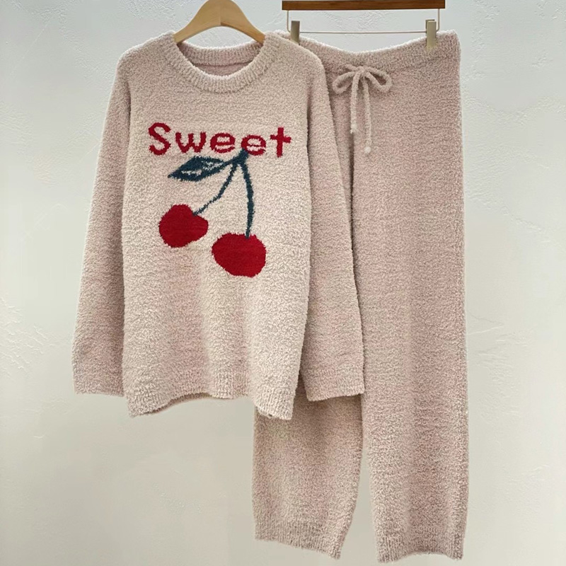 韩国LUNALUZ代购24冬季甜美可爱樱桃长袖裤厚绒保暖女家居服套装