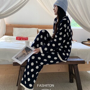 秋冬加厚羽毛纱波点睡衣女