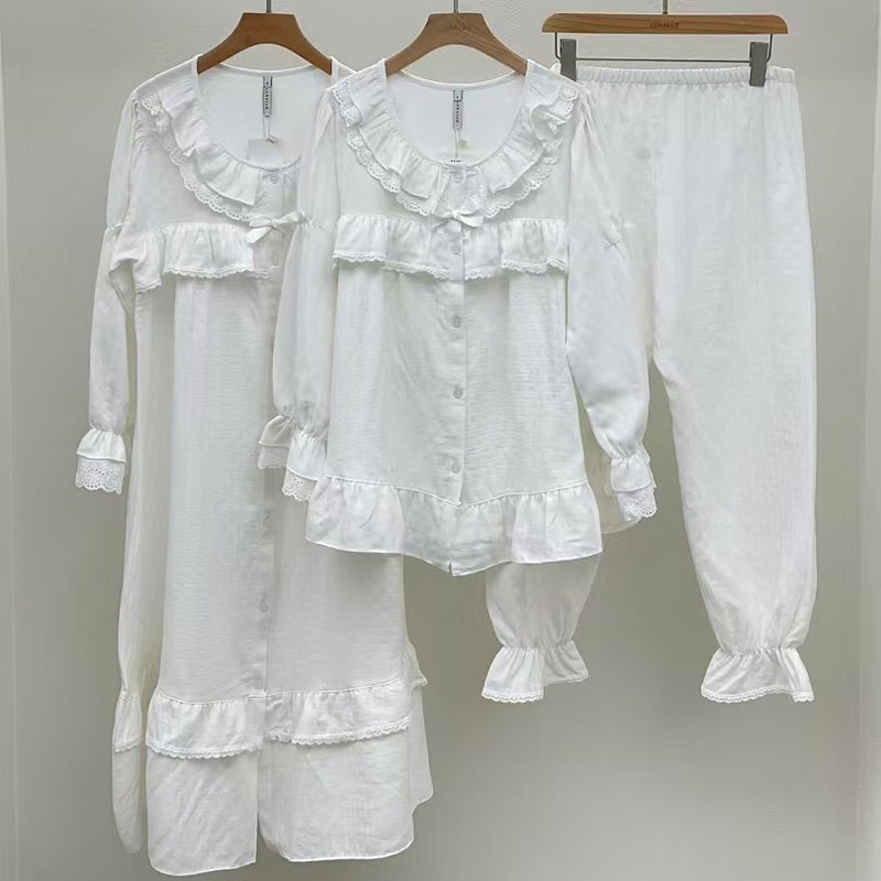LUNALUZ韩国东大门睡衣春夏女白色棉公主甜美长袖家居服套装睡裙