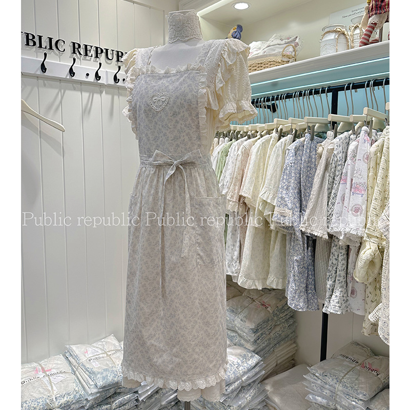 韩国原创夏季甜美蝴蝶结刺绣方领吊带花边宫廷风公主纯棉花艺围裙