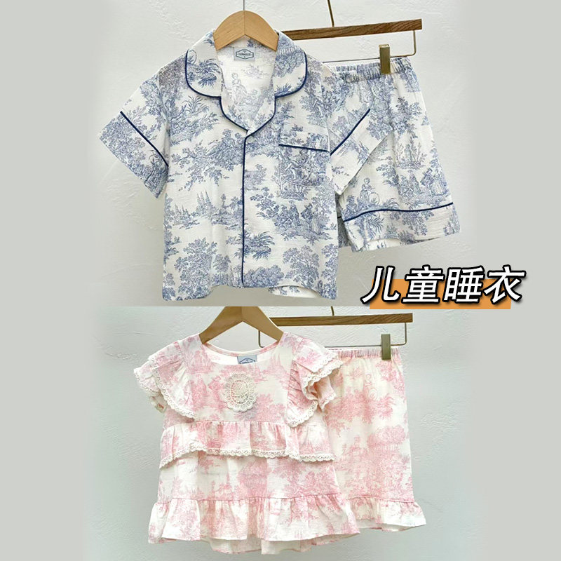 韩国代购Lunaluz夏季睡衣男女儿童宝宝可爱公主短袖裤家居服套装