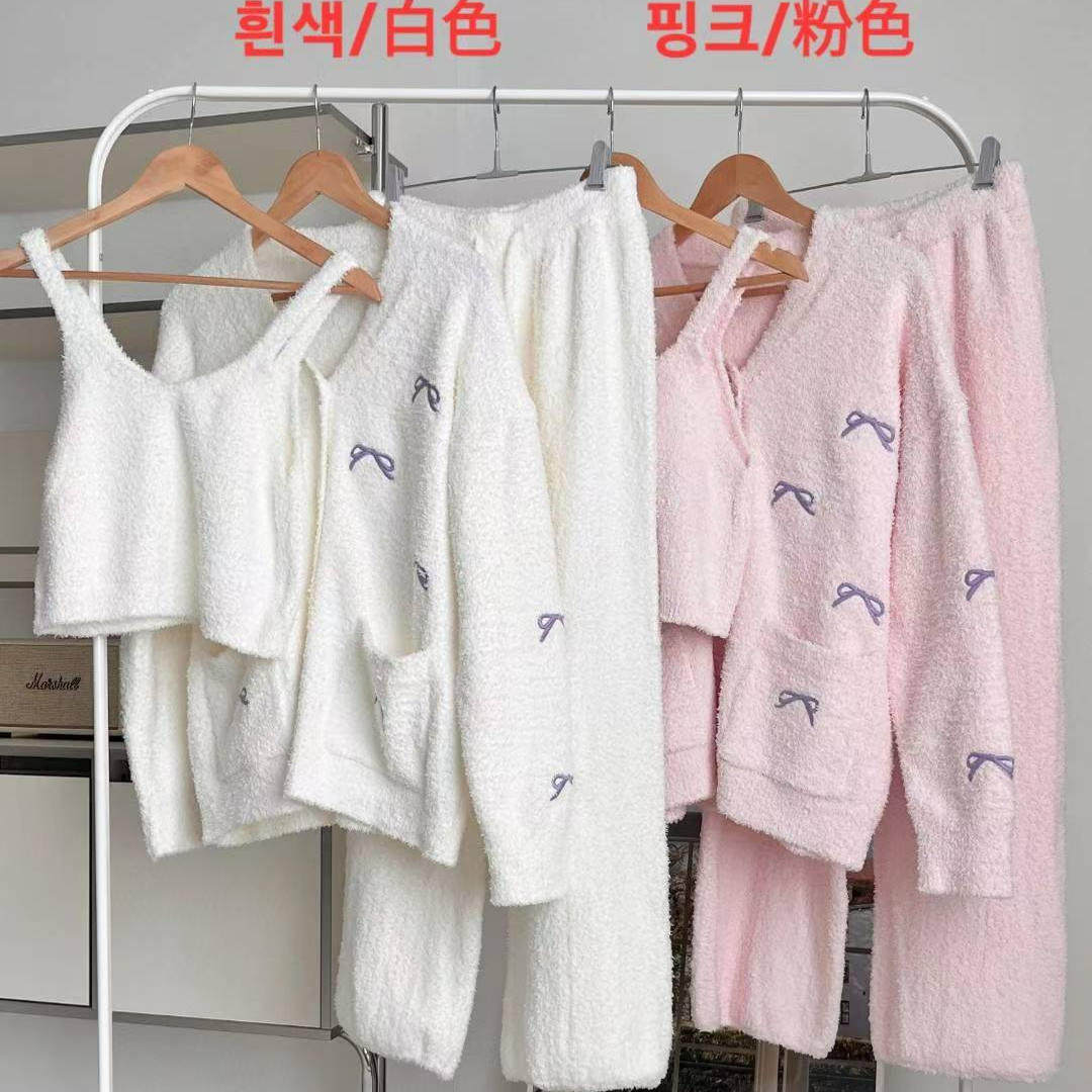 VICTORIA韩国东大门代购冬甜美半边绒保暖女睡衣家居服三件套装