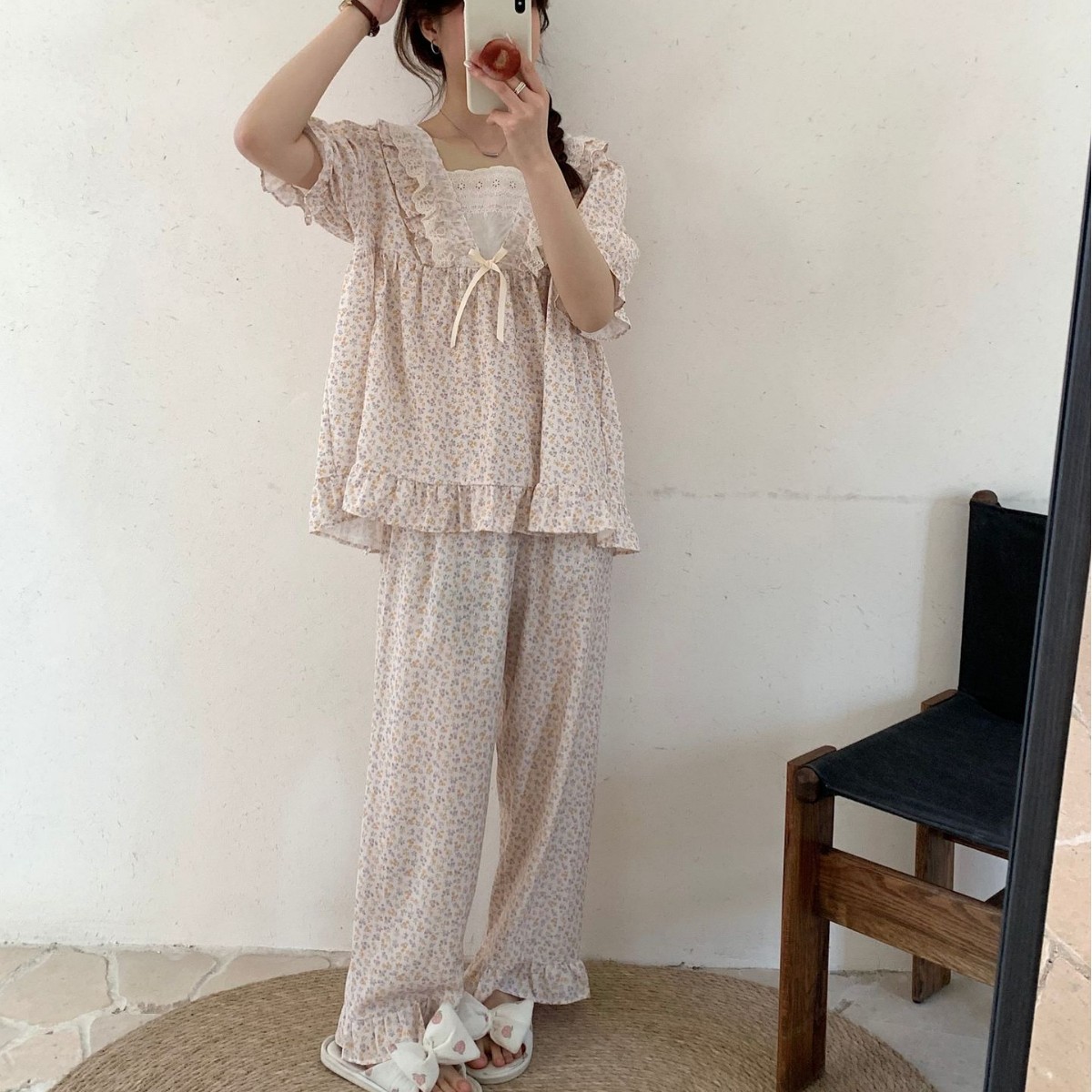 韩国甜美夏季方领少女舒适宽松家居服碎花短袖长裤睡衣女套装