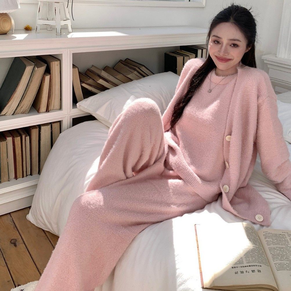 ins轻奢暖绒睡衣女秋冬季半边绒保暖加厚女士背心内搭三件套装