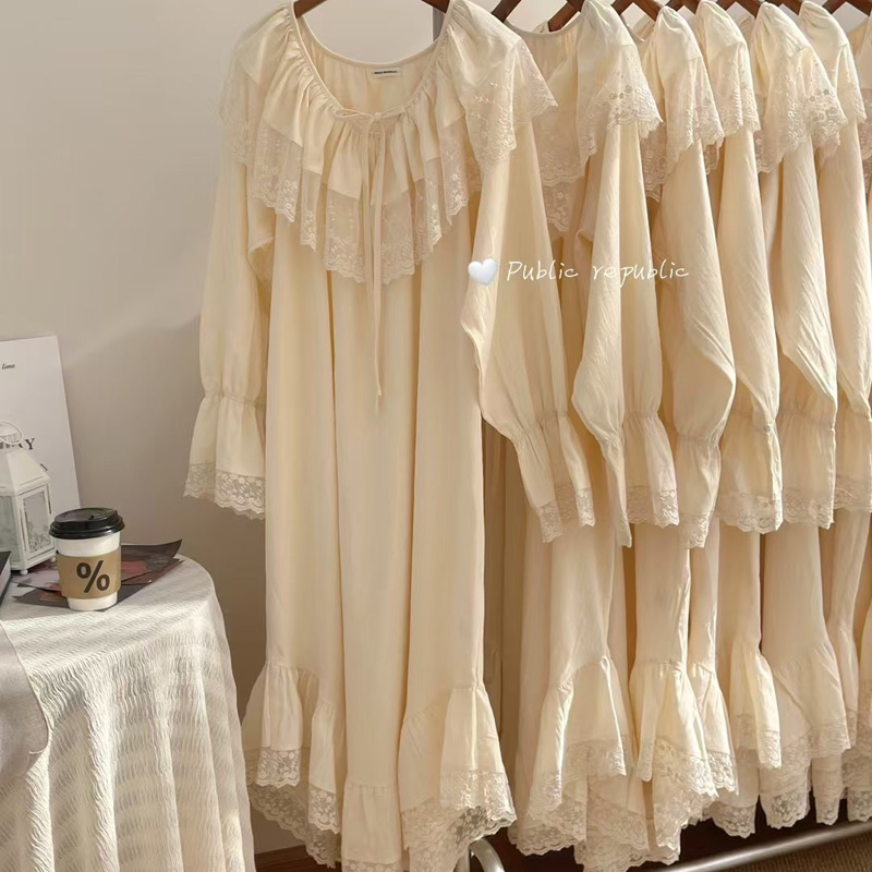 韩国原创品牌东大门代购女春纯棉纯色甜美睡衣长袖家居连衣长睡裙