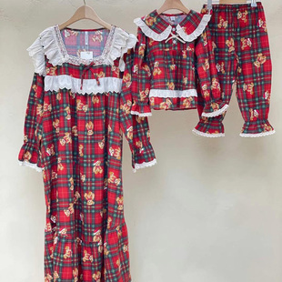 套装 睡衣纯棉格子小熊亲子母女儿童长袖 睡裙 LUNALUZ秋季 韩国代购