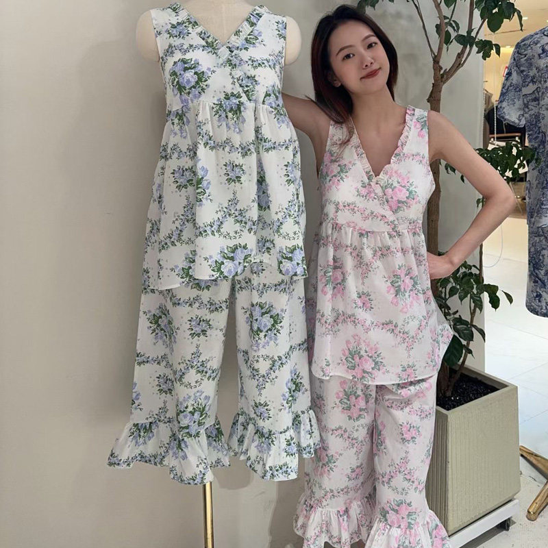 韩国balcony代购夏纯棉碎花睡衣无袖短裤家居服套装可外穿女睡裙