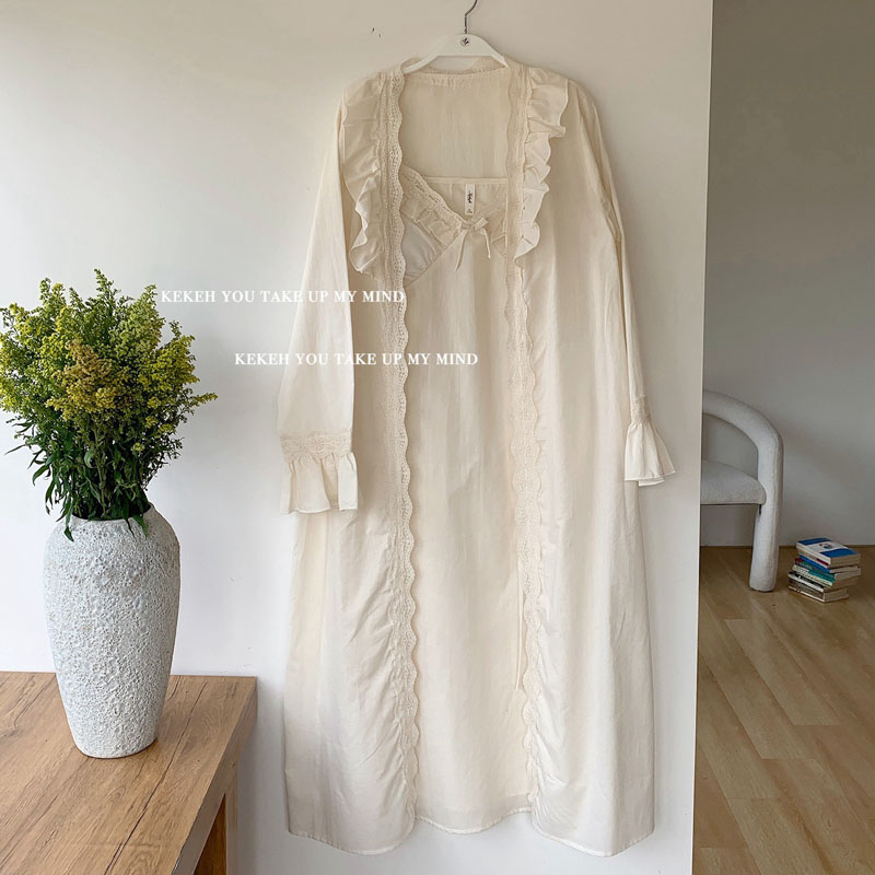 韩国KEKEH夏季纯棉甜美公主睡衣吊带裙外袍两件套家居套装女睡裙