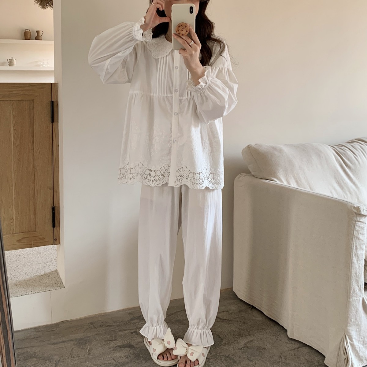2025秋冬纯优雅甜美娃娃领纯棉勾花仙女风蕾丝淑女小香风睡衣家居