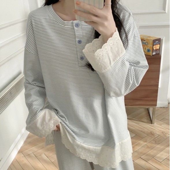 韩国ins女款春夏季简约条纹套头家居服长袖长裤花边套装女可外穿