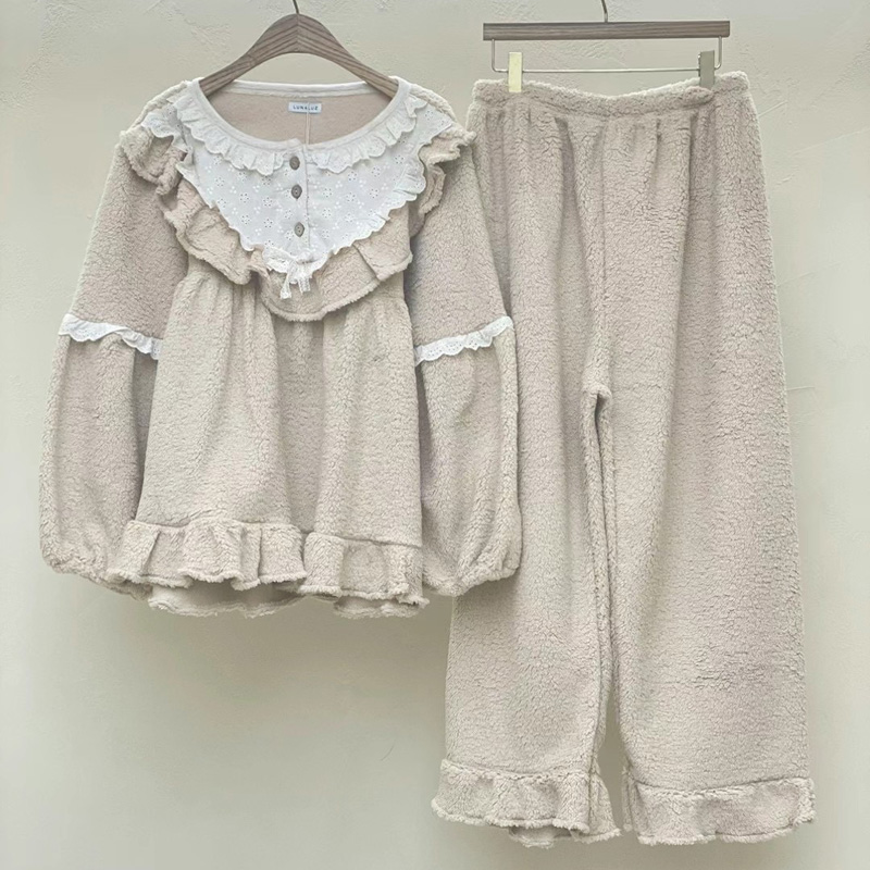 韩国LUNALUZ代购冬季甜美长袖裤纯色套头珊瑚绒保暖女家居服套装