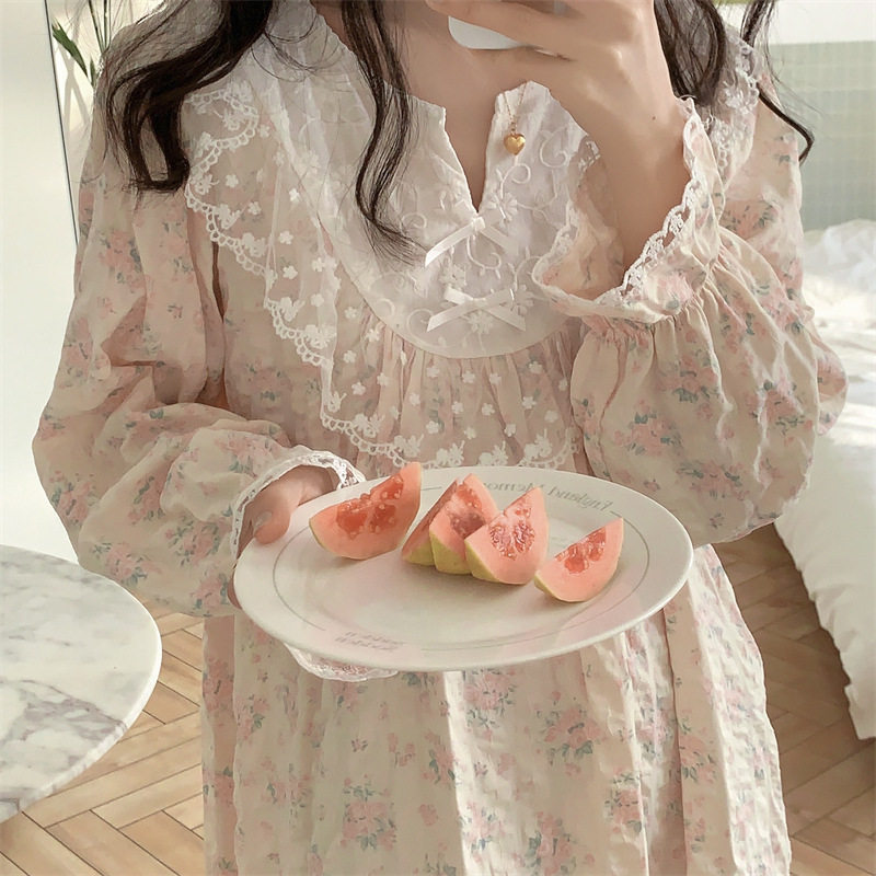 韩国ins复古宫廷风长袖春夏季睡衣套装温柔甜美蕾丝家居服睡裙女