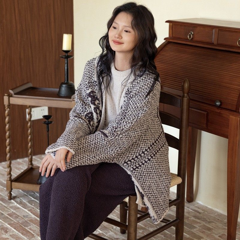 韩国睡衣女春秋冬保暖针织毛衣三件套装半边绒可外穿家居服210