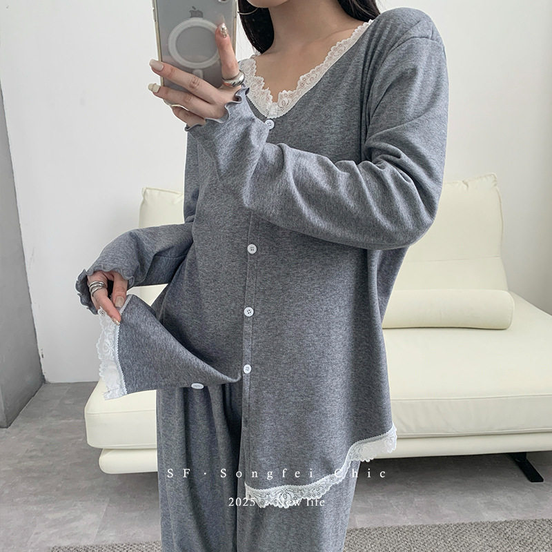ins仙女秋冬蕾丝长袖裤睡衣套装