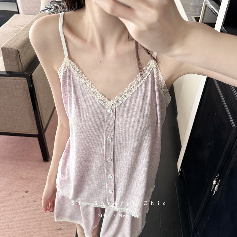 2025小法白蕾丝吊带睡衣女夏季短裤性感纯色高级家居服两件套装