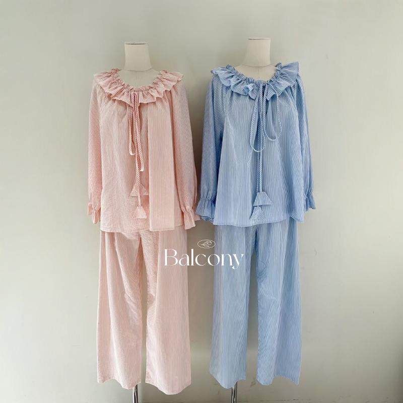 韩国balcony代购秋季条纹甜美公主长袖裤套装家居服套装可外穿女