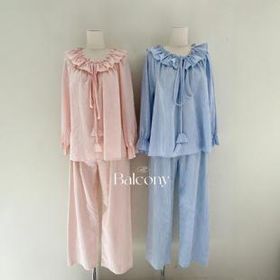 韩国balcony代购秋季条纹甜美公主长袖裤套装家居服套装可外穿女