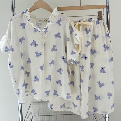 韩国balcony代购夏纯棉纱小熊可爱睡衣短袖裤家居服套装可外穿女